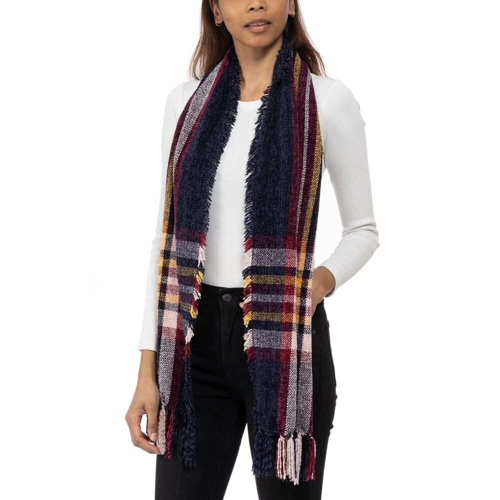 Charter Club Navy, Pink,‎ and Yellow Plaid Chenille Scarf